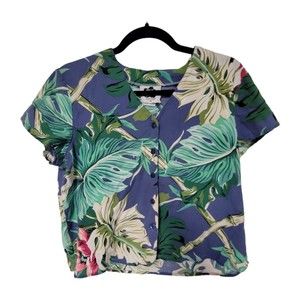 Hilo Hattie Blue Pink Tropical Floral Hawaiian‎ Aloha Shirt M